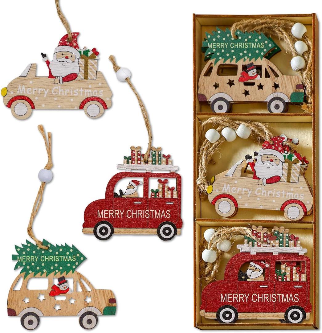 Rustic Wooden Christmas Ornaments Set, Farmhouse Natural Wood Holiday Decorations for Cozy Winter Home, 9 PCS Hanging Tree Decor with Gift Tray, Family Christmas & Holiday Gifting (9PCS)