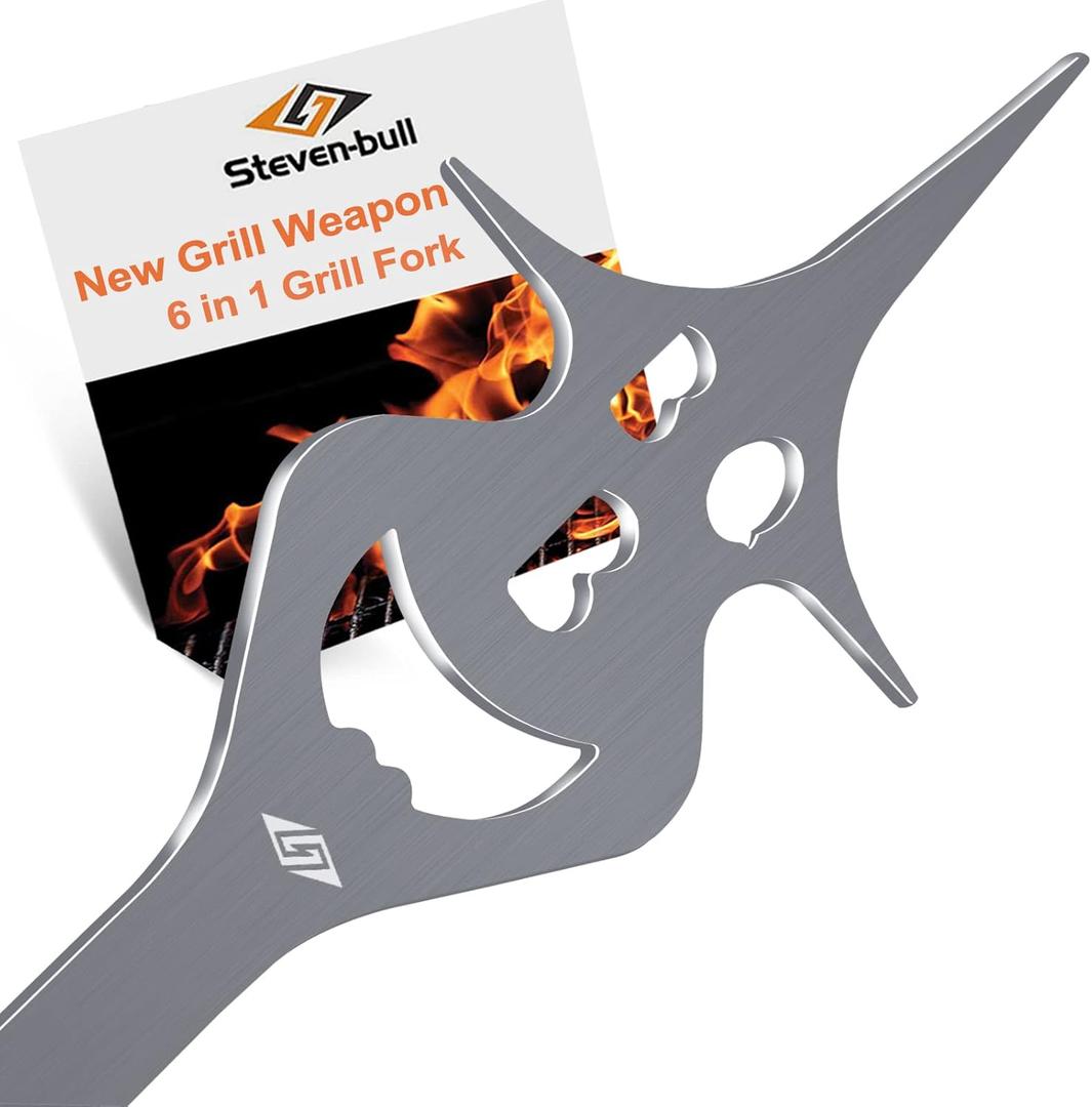 4 x BBQ Grill Accessories for Gas Grill Charcoal Grill, 6 in 1 Grill Tools for Outdoor Barbecue Grill, 14 Inch Grill Utensils, Unique Gill Fork, Dad Gifts, Gifts for Men, Dad, Husband