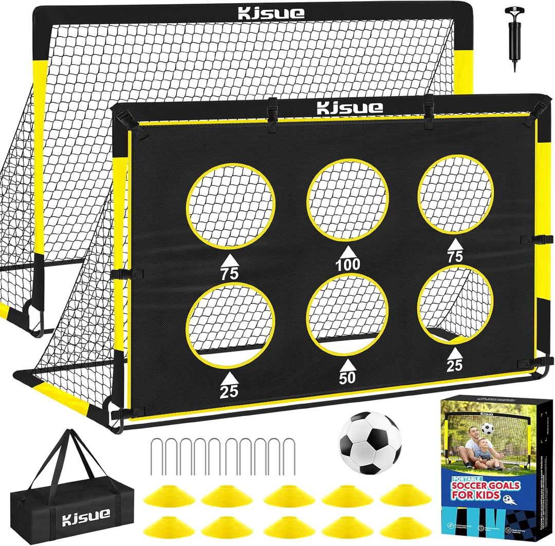 Kids Soccer Goal for Backyard Set - 2 of 6x4 ft Soccer Goals Training Equipment, Soccer Net for Kids Age 3-5 6-8 8-10 10-12, Ball, Targets for Toddler Kid Youth Soccer Games Sports Outdoor Play (1-Black Yellow)