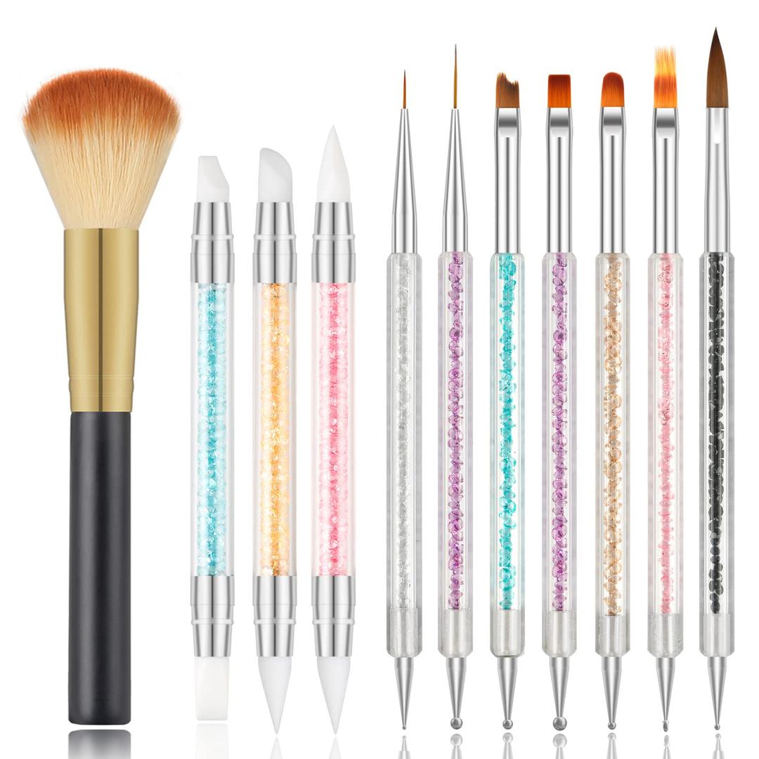 2 x 11PCS Nail Art Brush Set with Nail Dust Brush, Double-Ended Silicone Nail Art Tools for Acrylic Nails, Carving, Painting, Line Drawing, DIY Salon Manicure