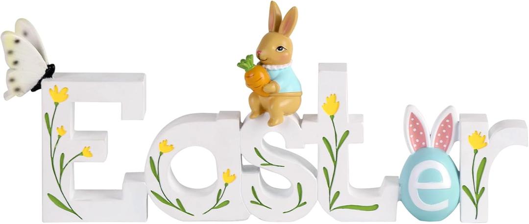 NIKKY HOME Easter Decor for Table, Easter Bunny Sign Table Decor, Cute Rabbit Centerpiece Resin Holiday Decorations for Home Kitchen Spring Decors for Gifts (White)
