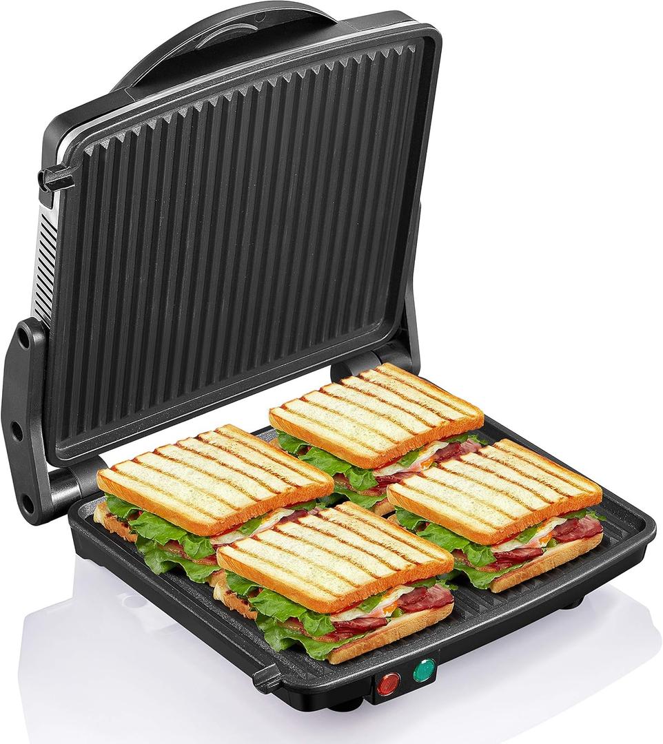Panini Press Grill, Yabano Gourmet Sandwich Maker Non-Stick Coated Plates 11" x 9.8", Opens 180 Degrees to Fit Any Type or Size of Food, Stainless Steel Surface and Removable Drip Tray, 4 Slice