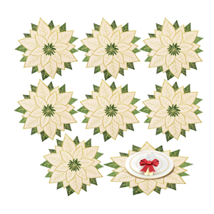 Poinsettia Placemats Set of 6 Neutral Embroidered Xmas Round Linen Cloth Place Mats Christmas Flower Table Mats Decorations for Xmas Winter Holiday Party Indoor Home Kitchen Dining