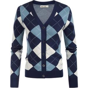 GRACE KARIN Womens Cardigan Sweater Spring Fashion Long Sleeve Argyle Sweater V Neck Button Up Cardigan Preppy Clothes (Large, Plaid Light Blue)