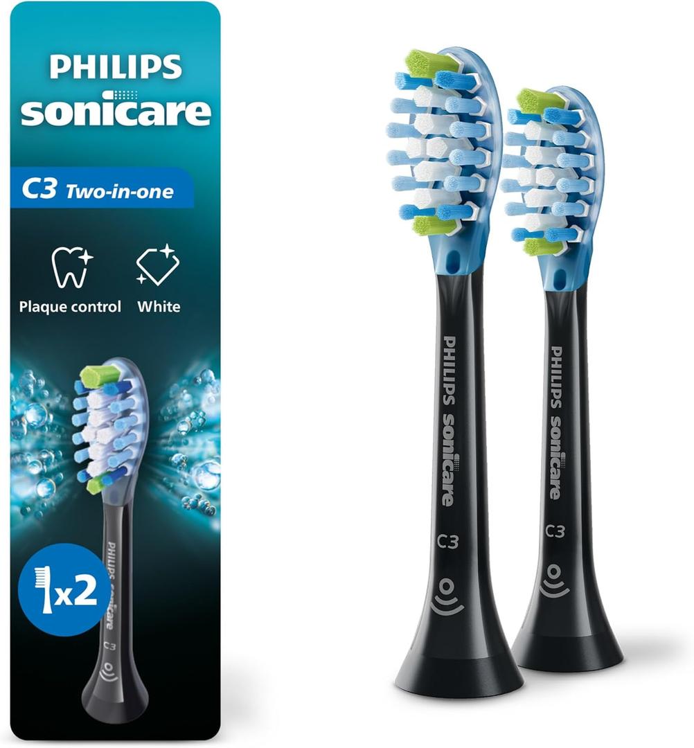 Philips Sonicare C3 Two-in-One - Genuine Replacement Electric Toothbrush Heads, Black, 2 Pack, HX9042/95