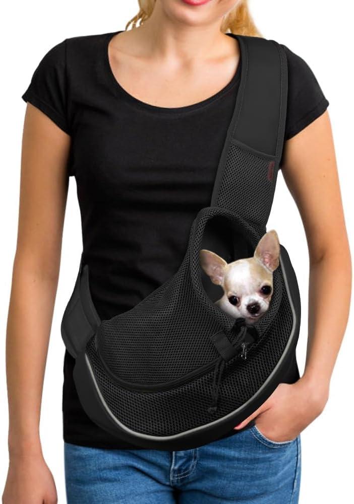 YUDODO Pet Sling Carrier for Small Dogs & Cats  Hands-Free Puppy Carrier with Safety Hook, Large Zipper Pocket, Soft Breathable Mesh, Adjustable Strap & Reflective Strip (L, Black 2.0)