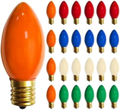 25 Pack C9 Multicolor Christmas Light Bulbs, C9 Multicolor Replacement Bulbs for Outdoor Patio Christmas String Lights, 7W Incandescent Night Light Bulbs, C9/E17 Intermediate Base Bulb,120V 7W bulb