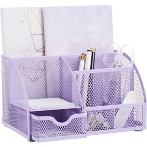Annova Mesh Desk Organizer Office with 7 Compartments + Drawer/Desk Tidy Candy/Pen Holder/Multifunctional Organizer (Light Purple)
