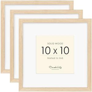 10x10 Picture Frame Made with Solid Wood Set of 3, Display 6x6 with Mat or 10x10 without Mat, Wall Gallery Frame Set with Tempered Real Glass, Tabletop or Wall Mounting Display (3 Pack of Oak)