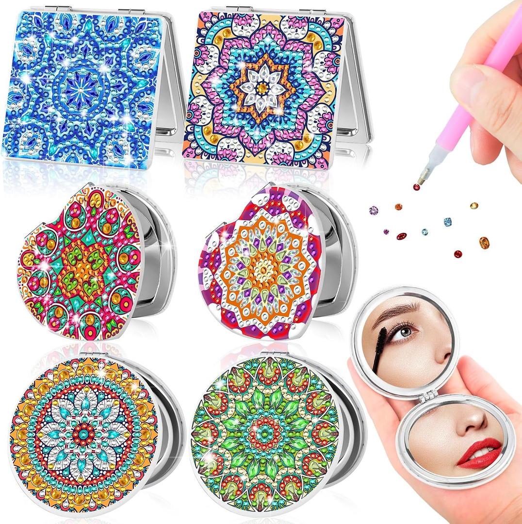 Thyle 6 Pcs Painting Compact Mirror DIY Painting Pocket Portable Folding Purse Mirror with Magnification Diamond Art Kits for Women Gifts
