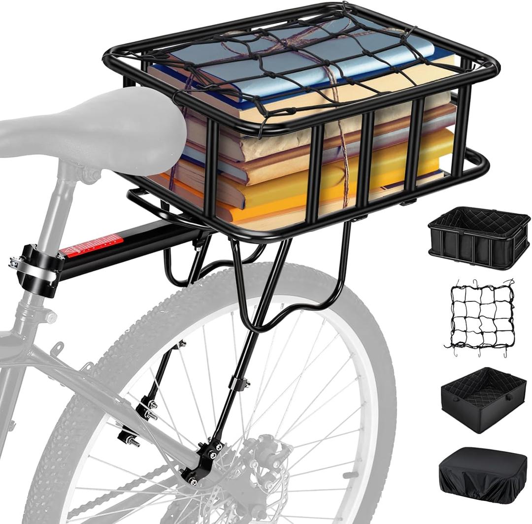 Rear Bike Rack with Basket, 110 LB Capacity Universal Bike Basket Rear, Aluminum Alloy Bike Cargo Rack for Back of Bike with Free Bungee Cord & Waterproof Cover & Installation Tool
