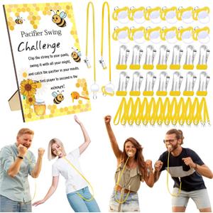 Geelin 12 Sets Swing Pacifier Baby Shower Games Funny Gender Reveal Games, Include 1 Wooden Sign and 12 Plastic Pacifiers for Bridal Baby Shower Gender Reveal Party Women Men(Bee,Yellow)