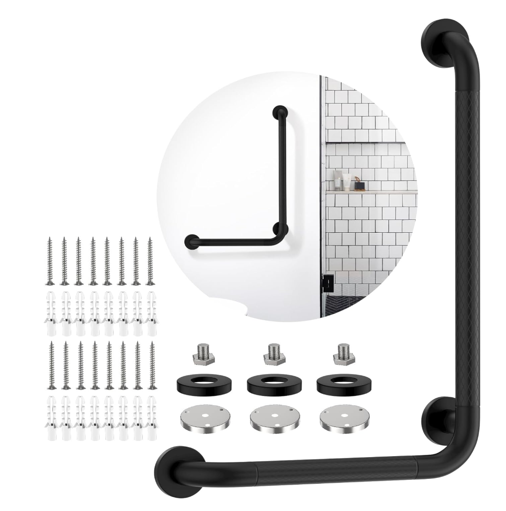 Black Angled Grab Bar 16x24 Inch, L-Shaped Grab Bars for Shower | Bathroom Grab Bar for Senior, Stainless Steel, Anti-Slip Knurled Grip, 1.25" Diameter, Wall Mounted Handicap Bars for Toilet