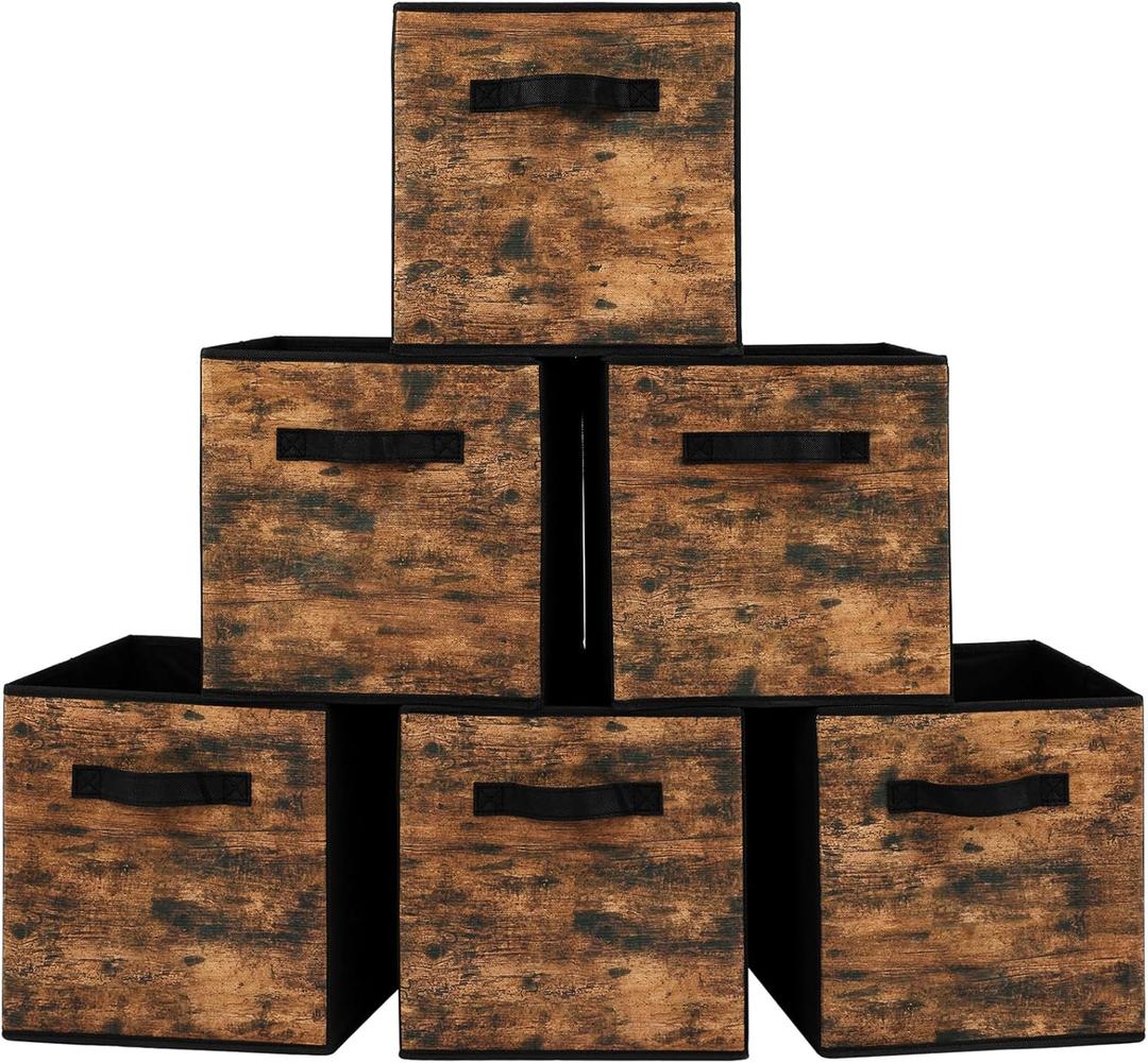 Stero Fabric Storage Cubes, 6 Pack Foldable Storage Bins with Handle, 11 Inch Box for Shelves, Closet, Organizer, Rustic Brown and Black