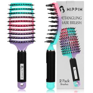 Hair Brushes for Women 2 Pack, HIPPIH Detangler Hair brush for Adult & Kids Wet or Dry Hair, Boar Bristle Hair Brush Getting Knots Out without Pain Adds Shine and Makes Hair Smooth (Purple & Green)