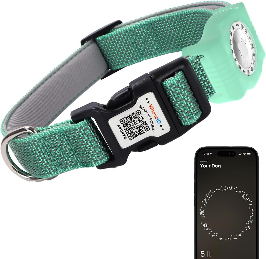 WhoseID Reflective Dog Collar with AirTag Holder,Adjustable Dog Collar with Neoprene Padded & Anti-Lost QR Code Buckle (Green, Small)