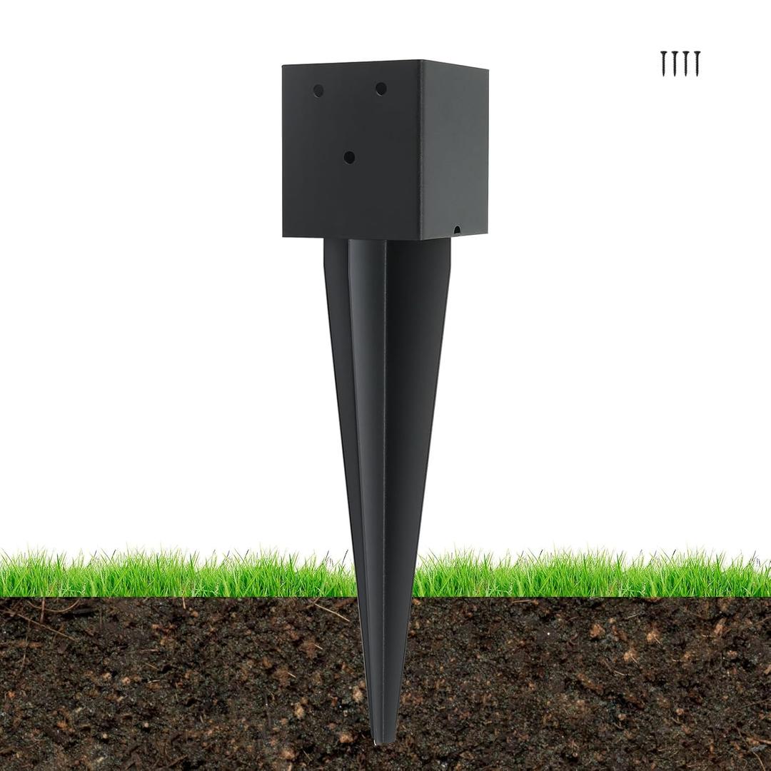1 Pcs 4 "x 4 "Fence Post Anchors Ground Spike (Actual 3.6  X 3.6)Heavy Duty Metal Fence Stakes Post Base 16'' with Black Powder Coated Support for Mailboxes, Fences, Trellis Posts, Banners.
