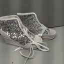 Jiu du Women's Glitter Sneakers Platform Wedge Sneaker Sparkly Sequin High Top Lace Up Sneakers Bling Wedding Dressy Tennis Shoes Silver Sequin Size US8 EU40