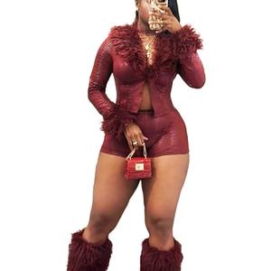 Mandonce Leather 2 Piece Sets with Fur Python Texture V Neck Crop Top and Leather Shorts Set Y2k Sexy Party Outfits (Red, Small)