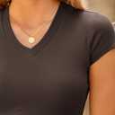 2 x Women's Basic V Neck Short Sleeve T Shirts Summer Cute Baby Tee Slim Fit Cotton Tops (Brown, L)