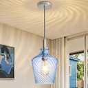 Modern Stripes Blue Glass Pendant Lighting for Kitchen Island 1 Pack, Farmhouse Nickel Pendant Light Fixtures, Height Adjustable Ceiling Pendant Light, 8 Inch