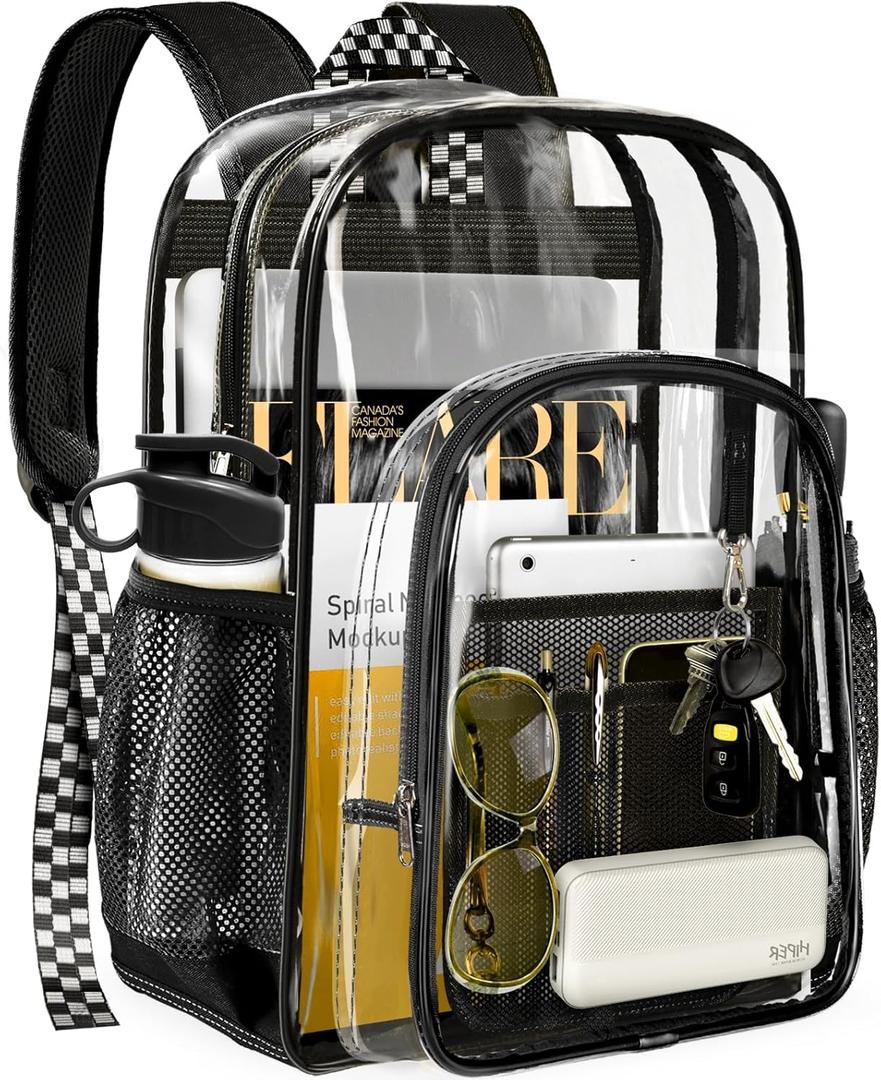 PAMANO Clear Backpack Transparent Heavy Duty School PVC Bookbag See Through Bag Boys and Girls for College Work Travel Security (Black Large)