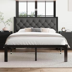 Full Size Bed Frame, Metal Platform Bed Frame with Button Tufted Linen Upholstered Headboard, Sturdy Steel Slats, 12" Underbed Storage, No Box Spring Needed, Dark Grey