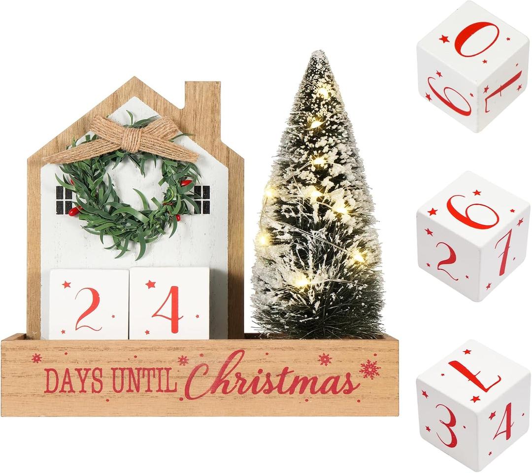 Christmas Tree Countdown Block LED Lighted 99 Days Until Christmas Wreath Calendar Tabletop with Timer Number Date Rustic Wooden Home Decor Holiday Xmas Ornament Desk Decoration Gift