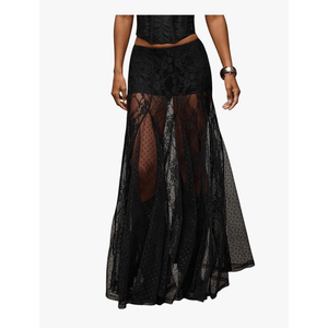 WDIRARA Women's Sexy See Through Sheer Lace Maxi Skirt Low Waist Ruffle Hem A Line Flowy Skirt S Black