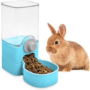 Fhiny Rabbit Food Dispenser, 40oz Large Capacity Hanging Gravity Bunny Feeder for Cage Automatic Guinea Pig Feeding Bowls Pet Food Storage for Guinea Pig Bunny Ferret Chinchilla Cat Puppy (Blue)