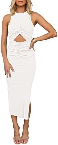 HUUSA Women's Sexy Sleeveless Cut Out Slim Bodycon Dress Crewneck Crisscross Twist Ruched Slit Ribbed Knit Tank Midi Dress XL