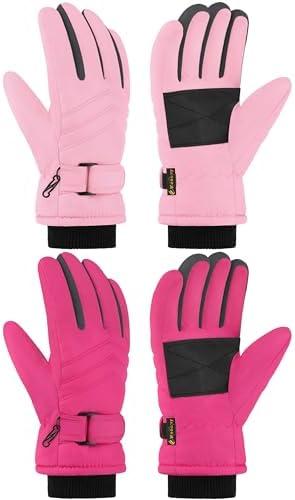 Wenouy 2 Pairs Kids Winter Snow Gloves Waterproof Windproof Warm Fleece Boys Girls Ski Gloves Outdoor Cold Weather (Rose Red, Pink, 3-5 Years)