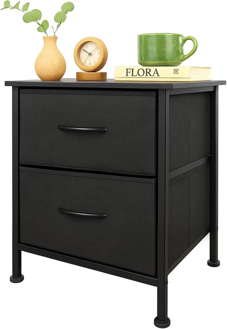 Nightstand with Fabric Bins, Bedside Furniture, Night Stand, End Table Nightstand Storage Tower Unit Organizer with 2 Fabric Bins for Living Room (Black)