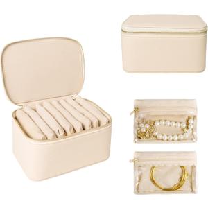 Travel Jewelry Case, Small Travel Jewelry Box with 8 Velvet Jewelry Bag Mini Pouch, Portable Travel Jewelry Organizer for Rings Earrings Necklaces (Beige 8 Pcs)