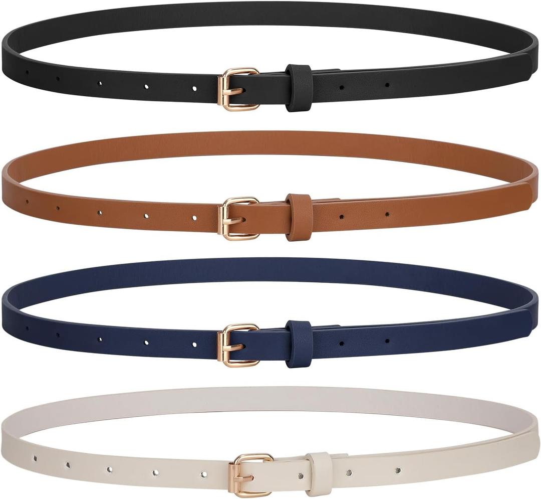 JASGOOD 4 Pack Skinny Women Leather Belt for Dresses Thin Waist Belt for Jeans Pants with Gold Buckle (A-black+brown+navy Blue+beige)