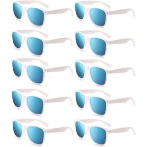 Fsmiling White Sunglasses Bulk Adult Party Sunglasses 80s Shades Pack for Men Women UV400 Protection-10Pack (White Frame Blue Mirrored Lens)