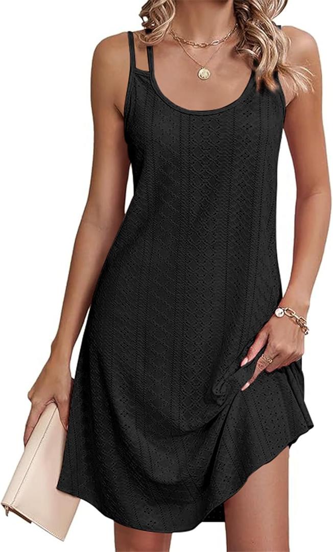 AI'MAGE Women's Swimsuit Cover Up Spaghetti Strap Eyelet Bathing Suit Cover Ups Sleeveless Beach Cover Up Dress S-3XL (X-Large, Black)