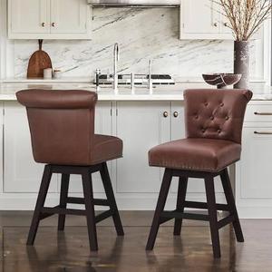 Caesar 26 in. Dark Brown Faux Leather Swivel Upholstered Barstool Solid Wood Counter Stool with Nailhead Trim (Set of 2)