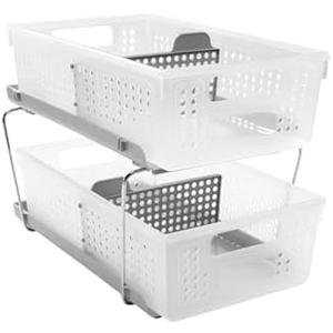 madesmart 2-Tier Organizer, Multi-Purpose Slide-Out Storage Baskets with Handles and Dividers, Frost