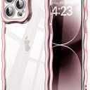 SKYLMW Compatible with iPhone 14 Pro Case, Kawaii Cute Curly Wave Frame Luxury Plating Edge, Stylish Glossy Clear Back, Soft TPU Shockproof Protective Cases for iPhone 14 Pro, Rose Gold