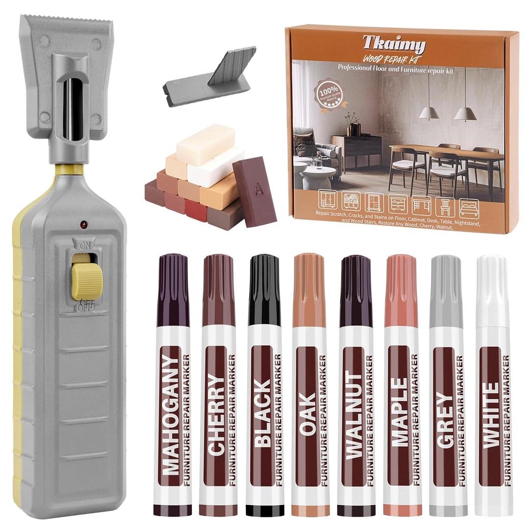 Laminate Floor Repair Kit with Heat Pen, 11 Color Wood Vinyl Floor Furniture Repair Kit Linoleum Repair Hard Wax Touch Up Marker Cover Scratches, Stains