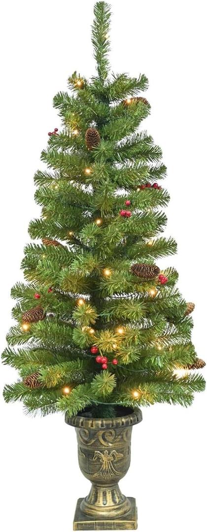 4FT Artificial Potted Christmas Tree with Lights, Pre-lit Mini Christmas Tree with 50 LED Lights, Small Fake Spruce Tree with 140 Branch Tips, Pine Cones&Red Berries, Battery Operated (Green)