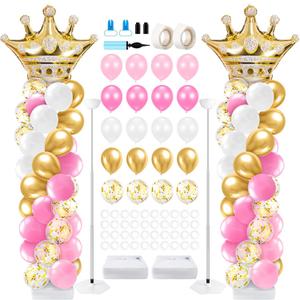 Kasyat 2 Sets Princess Party Balloon Column Stand Kit with 2 Crown Foil Balloons 100 Latex Balloons, Adjustable Stands Pink and Gold Balloon Stand Kit for Baby Shower Birthday Party Supplies (41 Inch)