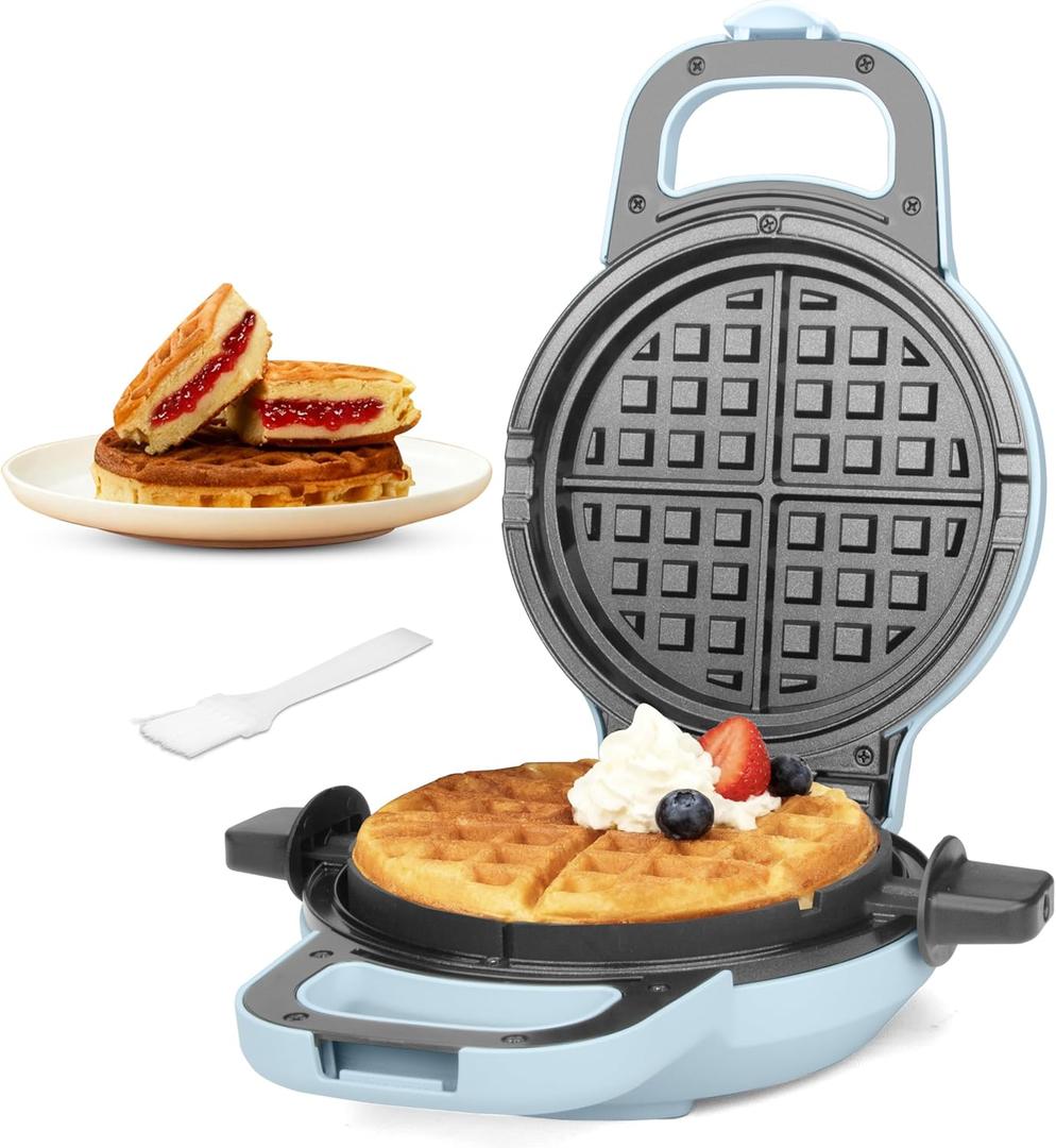 SugarWhisk 6" Stuffed Waffle Maker Rotating, Flip Waffles Maker Machine with Removable Waffle Ring, Ceramic Coated Belgian Waffle Maker for Kids, Waflera Electrica, Waffle Iron, Pale Blue