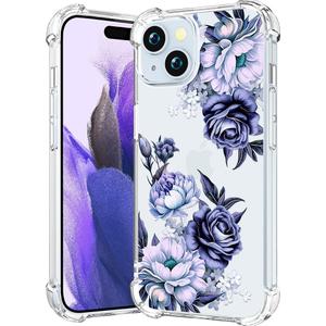 Compatible with iPhone 15 Plus Case Clear Cute for Women - Rugged Phone Cases Funda Protector Cover Skin (Blue Peony Roses Floral)