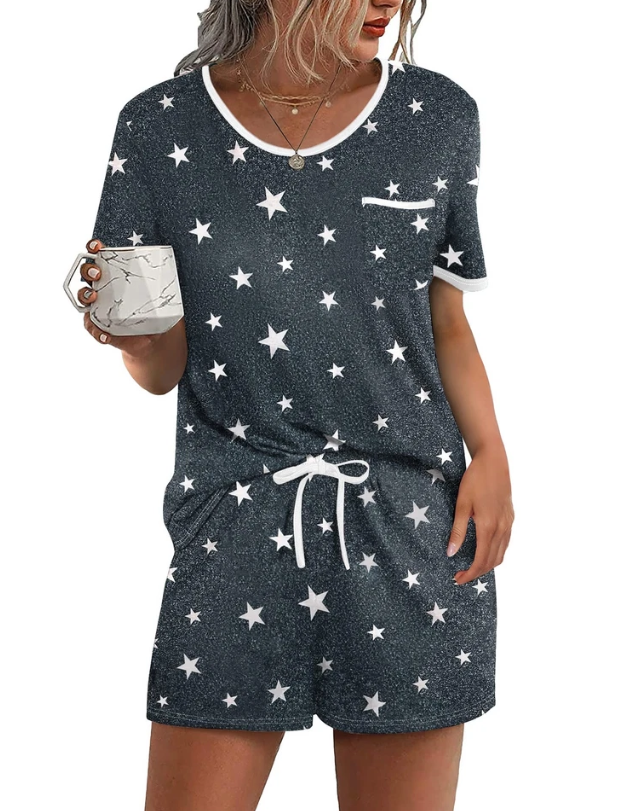 Ekouaer Women's Pajama Set 2 Piece Lounge Shorts & Short Sleeve Tops Size L
