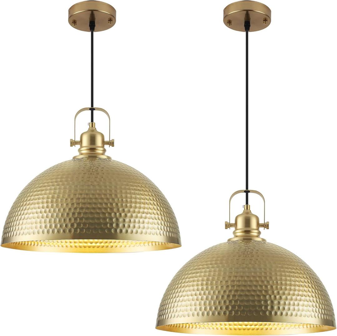 Gold Pendant Light 16 inch, Hammered Large Dome Pendant Light, Industrial Farmhouse Pendant Lights Kitchen Island, Gold Kitchen Pendant Lights for Kitchen, Dining Room Living Room 2 Pack