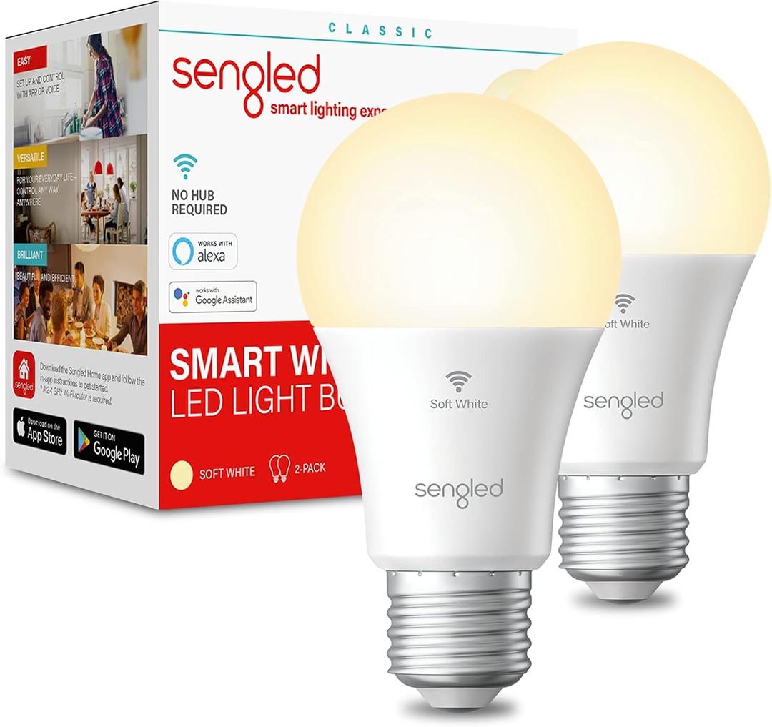 Sengled Alexa/Google Smart WiFi Light Bulbs, A19 Soft White 2700K, 800LM, No Hub - 2 Pack (2 Count (Pack of 1))