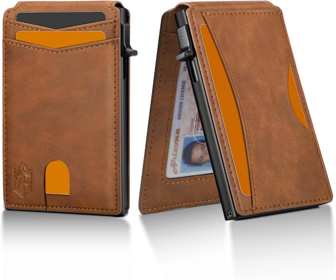 Zitahli Card Holder Wallet for Men, RFID Blocking Slim Wallet with ID window,Pop Up Metal credit card holder, Bifold Minimalist Wallet idea gifts for men (03-Brown)
