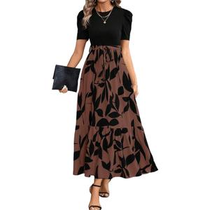 PerZeal Women's Casual Summer Crewneck A Line Short Sleeve Print Flowy Boho Long Maxi Dress with Belt Leaves Brown S